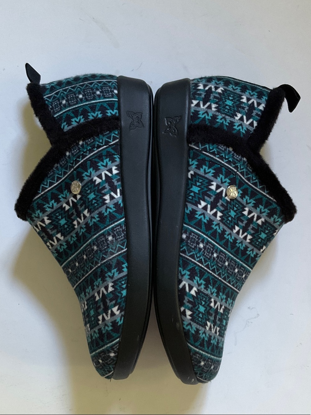 Alegria Women’s Shoes Teal and Black Patterned Slip-On Clogs Slippers size 9 - Picture 1 of 11